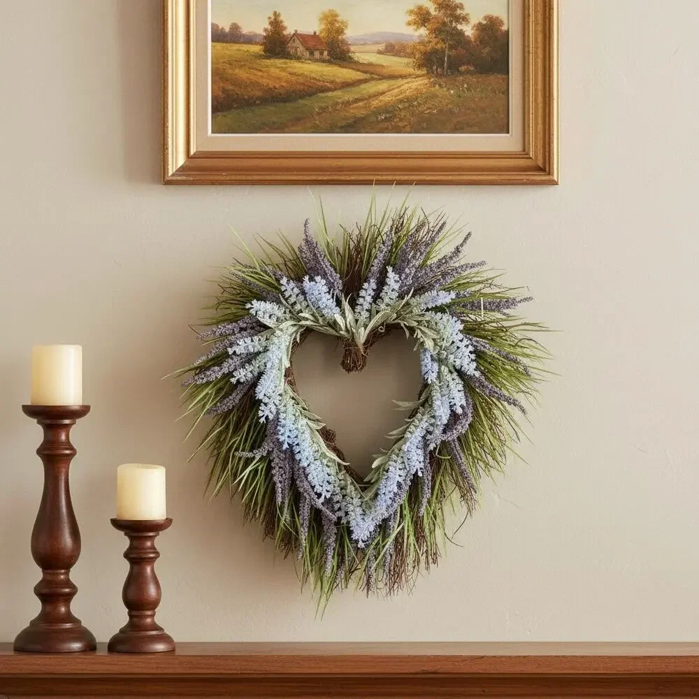 Heart Shaped Lavender Wreath-Faux Floral-Farmhouse-Cottage Door-Wedding-Purple